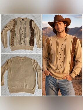 Men's Southwest Beige and Brown Patterned Geometric Crewneck Sweater Medium